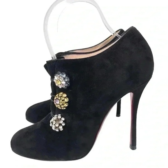 Christian Louboutin Bootini MJ 100mm Black Suede Crystal Button Ankle Boots 37 - Picture 15 of 16